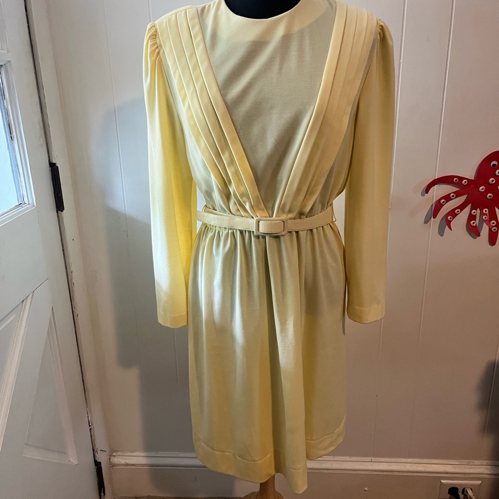 Vintage 70s Cora's Closet Belted Dress Yellow Pleated Dress